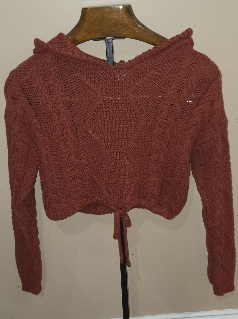 Aeropostle Rust Cable-Knit Cropped Sweater with Drawstring Sz Small
